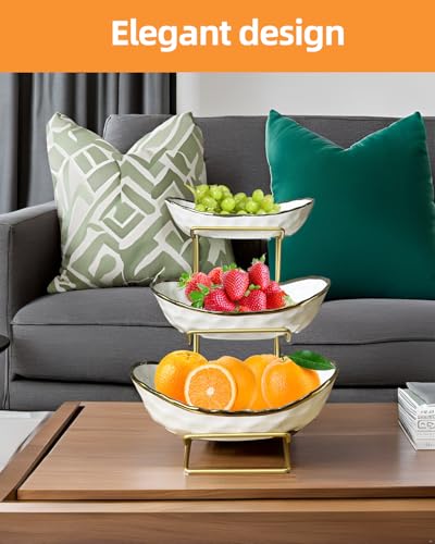 Fruit Bowl for Kitchen Counter, 3-Tier Fruit Basket, Ceramic Fruit Bowl with Metal Stand for Fruit, Vegetable Storage, Snack, Nuts, Dessert, Cake, Stylish & Cute
