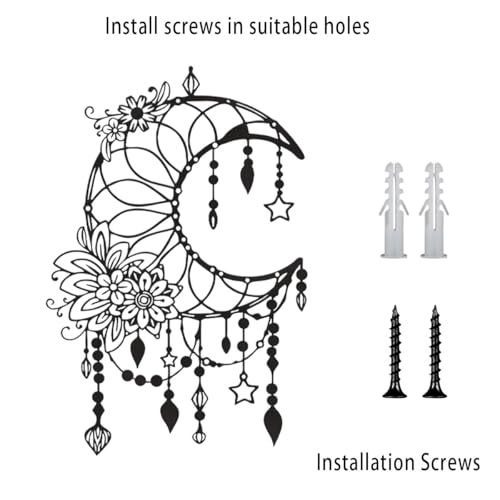 SYDERWE Metal Wall Art, Matte Black Moon Phase Decor, Celestial Bedroom Decor with Floral and Hanging Stars, Indoor & Outdoor