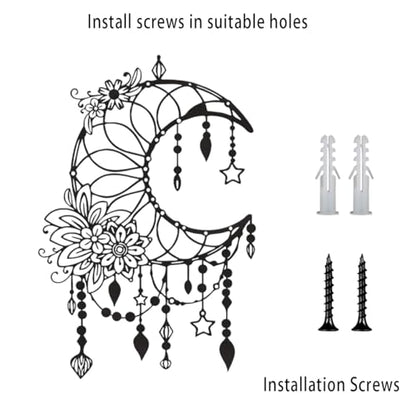SYDERWE Metal Wall Art, Matte Black Moon Phase Decor, Celestial Bedroom Decor with Floral and Hanging Stars, Indoor & Outdoor