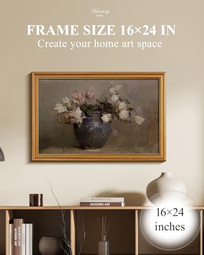 HUARCEY Framed Canvas Wall Art, Classical Roses Floral Prints, 16x24 Inch - color: Roses in Vase, size: 24"L x 16"W