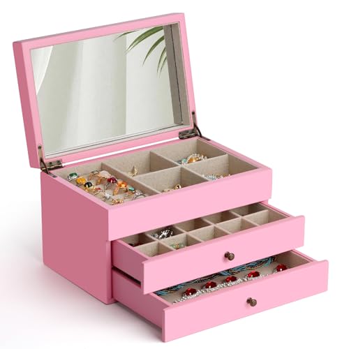 Meangood Jewelry Box Organizer for Women, 3 Layer Large Jewelry Storage Case, Rustic Wooden Jewelry Box with Mirror & Ring Tray for Necklace Earring Bracelets Rings, Vintage Style (Pink) - color: Pink, size: 2-Drawer