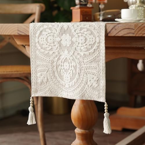 Coffee Table Runner Embroidered Boho Dresser Scarf, Beige 14"x38" - color: Beige, size: 14 x 38 Inches