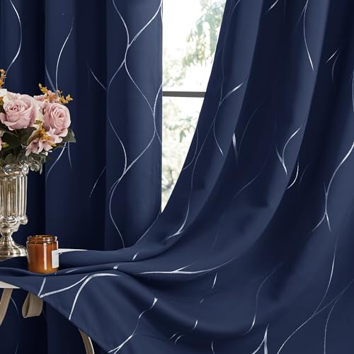 Deconovo Curtains for Living Room, Pattern Blackout Curtains 108 Inch Long - color: Silver Line-navy Blue, size: 52"W x 108"L (Pack of 2)
