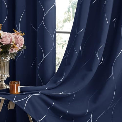 Deconovo Curtains for Living Room, Pattern Blackout Curtains 108 Inch Long - color: Silver Line-navy Blue, size: 52"W x 108"L (Pack of 2)