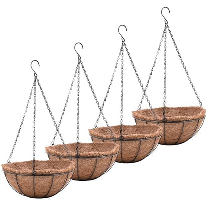 EIMQUVW Metal Hanging Planters Basket Set of 4 Hanging Flower Pots 10 Inch Chain Round Wire Plant Holder with Coco Coir Liner Garden Watering Hanging Baskets for Patio Garden Outdoor1