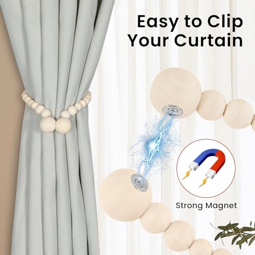 KLOGTSIND Magnetic Curtain Tiebacks, 2 Pack Wood Bead Curtain Holdbacks - color: Wood Color