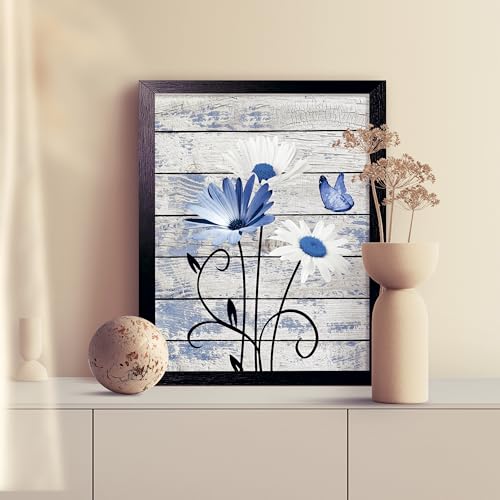 Black Framed Daisy Floral Wall Art - color: blue, size: 10"L x 8"W