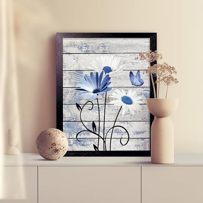 Black Framed Daisy Floral Wall Art - color: blue, size: 10"L x 8"W