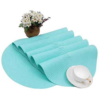 SHACOS Round Placemats Set of 6 Washable 15 inch Round Table Mats Cotton Polyester Woven Braided Place Mats for Dining Table (Aqua, 6) - color: Aqua, size: Set of 6