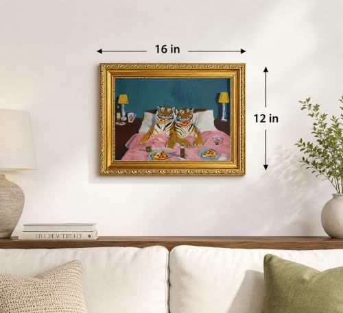 Vintage Gold Framed-Funny Tiger Wall Art Picture,Humorous Tigers Eating Pizza in Bed Wall Decor,Dopamine Animal Poster Print for Living Room Bedroom kitchen 12x16in - color: Tiger, size: 16"L x 12"W