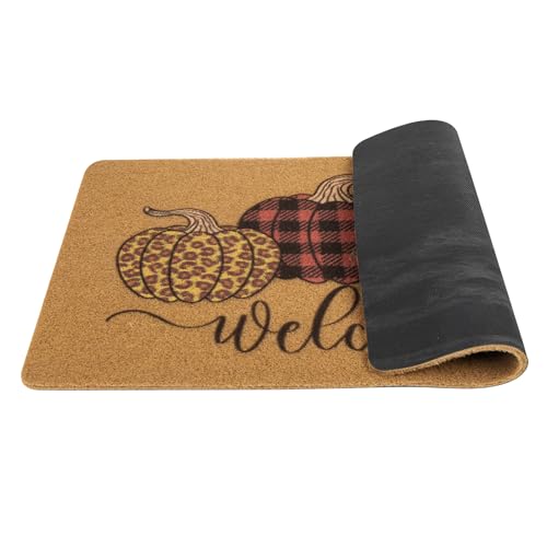 IZUS Hello-Pumpkin Fall Welcome-Doormats Harvest-Festival Outdoor-Entrance Non-Slip Leopard/Plaid-Printed-Pumpkins Autumn Frontdoor Mats 17x29inch - color: Pumpkins With Leopard+plaid+buffalo-check Printed