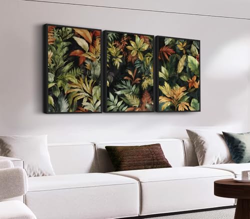 Large Framed Tropical Botanical Wall Art, Jungle Leaf Green, 20"x28"x3 - color: green, size: 20" X 28" X 3pcs Framed