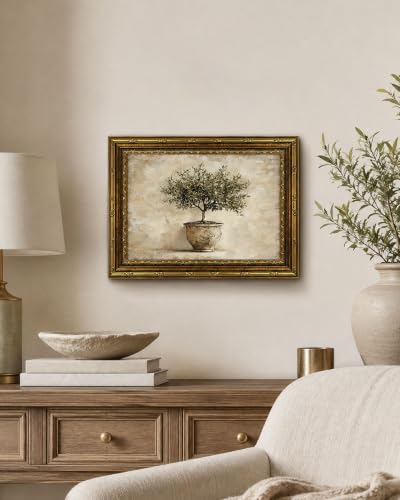 Vintage Gold Framed-Olive Tree Canvas Wall Art,Rustic Potted Botanical Poster Prints,Country Farmhouse Neutral Still Life Painting Picture Wall Decor for Living Room Kitchen 12x16in - color: Olive tree, size: 16"L x 12"W