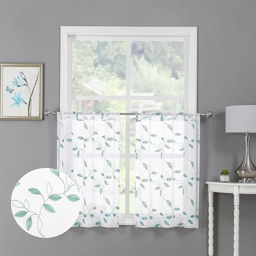 Tollpiz Teal Blue Leaf Sheer Tier Curtains Kitchen 30 x 24 Inches - color: Teal Blue, size: 30"W x 24"L (Pack of 2)