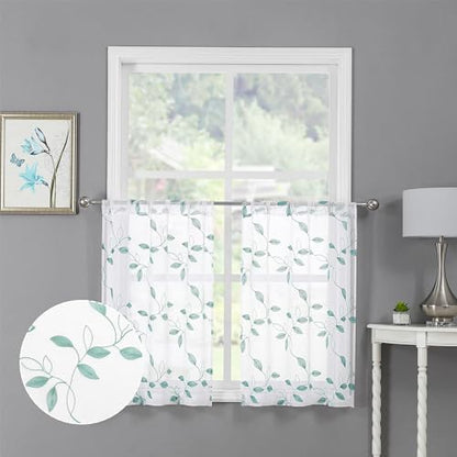 Tollpiz Teal Blue Leaf Sheer Tier Curtains Kitchen 30 x 24 Inches - color: Teal Blue, size: 30"W x 24"L (Pack of 2)