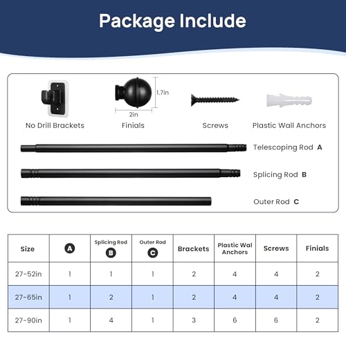ENJOYBASICS 2 Pack 28-60" No Drill Curtain Rods, Renter Friendly, Black - color: Black, size: 27-65"