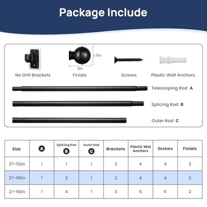 ENJOYBASICS 2 Pack 28-60" No Drill Curtain Rods, Renter Friendly, Black - color: Black, size: 27-65"