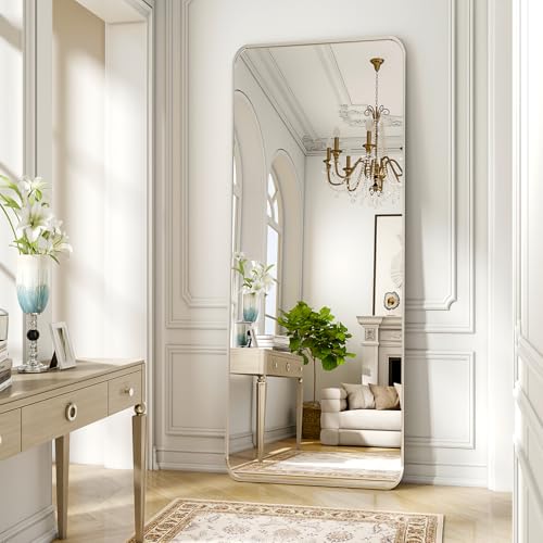 Silver Full Length Mirror 21 x 56 Inch Nano Floor Mirrors with Stand Rounded Corner Full Body Mirrors with Aluminum Alloy Frame for Bedroom Living Room Checkroom - color: Silver, size: 56"L x 21"W