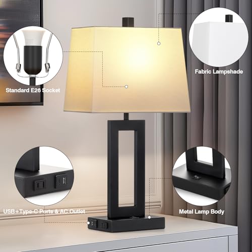 Cinkeda Black Bedside Table Lamp Set of 2,Nightstand Lamps with USB Ports - color: A.White&Black