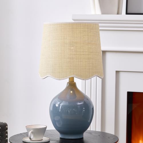 21"H Slate Blue Ceramic Table Lamp with Beige Faux Rattan Drum Shade - color: Slate Blue