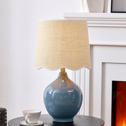 21"H Slate Blue Ceramic Table Lamp with Beige Faux Rattan Drum Shade - color: Slate Blue
