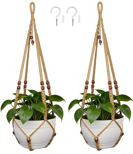 35 Inch Macrame Plant Hanger, Large for up to 15 Inch Pot Extra Long Hanging Planter Holder Basket with Wood Beads for Indoor Outdoor Home Decor (Brown, 2-Pack) - color: Brown, size: 2-Pack