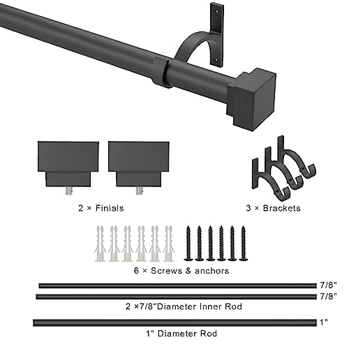Single Curtain Rods for Windows 48 to 84 Inch(4-7ft),1 Inch Diameter Adjustable Heavy Duty Drapery Rods,with Modern Square Aluminum Alloy Finials,Matte Black - color: Matte Black, size: 48-84"