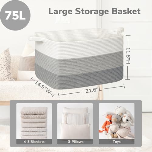 Goodpick Large Woven Rope Blanket Basket, Rectangle, Light Gray - color: Light Grey, size: Large(21.6"L x 14.9"W x 11.8"H)
