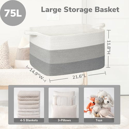 Goodpick Large Woven Rope Blanket Basket, Rectangle, Light Gray - color: Light Grey, size: Large(21.6"L x 14.9"W x 11.8"H)