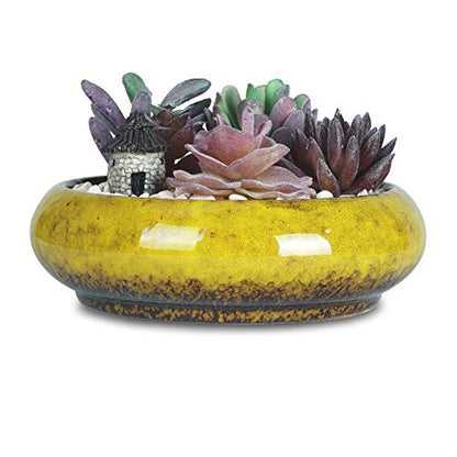 ARTKETTY Succulent Pots, 7.3 Inch Ceramic Bonsai Pots with Drainage Tray - color: Yellow