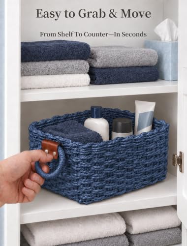 Small Wicker Baskets, 3 PCS Paper Rope Baskets for Shelves, Blue - color: Blue
