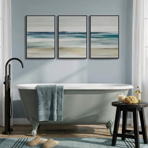 Framed Blue Abstract Coastal Ocean Seascape Wall Art Bedroom, 16x24 Inch - color: 3 Piece-Abstract Coastal, size: 16" W x 24" H x 3Pcs