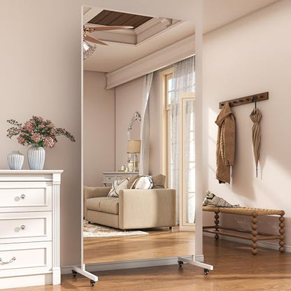 Hasipu 74.8" x 27.5" Full Length Floor Mirror on Wheels, White - size: 74.8"L x 27.8"W