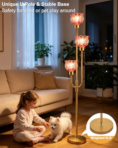 3-Light Glass Floor Lamp 66IN Modern Red Glass Gold Dimmable Floor Lamps - color: Deep Red Tulip-Gold