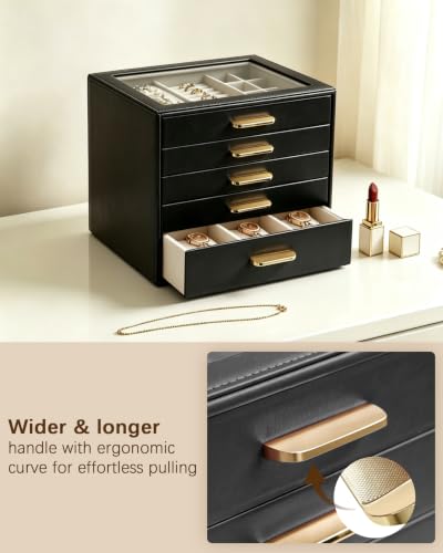 Homeanda Jewelry Boxes Organizer with Glass Lid, 5-Layer PU Leather, Black - color: Black, size: 5 Layer