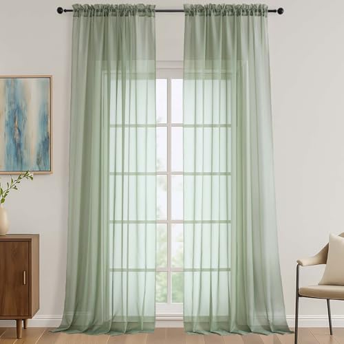 OVZME Sheer Sage Green Curtains 108 Inches Long 2 Panels Set, 59 Inch Extra Wide Lightweight Airy Sage Green Sheer Curtain for Living Room Bedroom, Filmy Voile Rod Pocket, 59Wx108L Inches - color: Sage Green, size: 59"W x 108"L (Pack of 2)