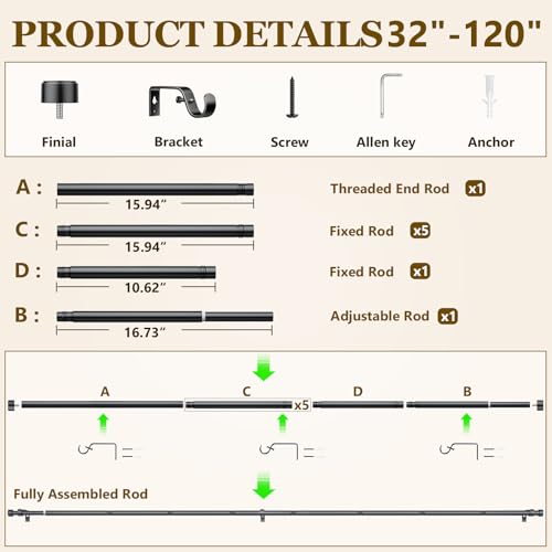 2 Pack Curtain Rods for Windows 32-120 Inch, 1 Inch Adjustable Black Curtain Rod Set with Brackets, Easy Install - color: Black, size: 32"-120"/2 Pack