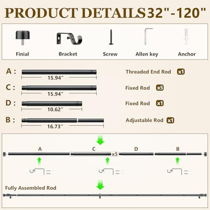 2 Pack Curtain Rods for Windows 32-120 Inch, 1 Inch Adjustable Black Curtain Rod Set with Brackets, Easy Install - color: Black, size: 32"-120"/2 Pack