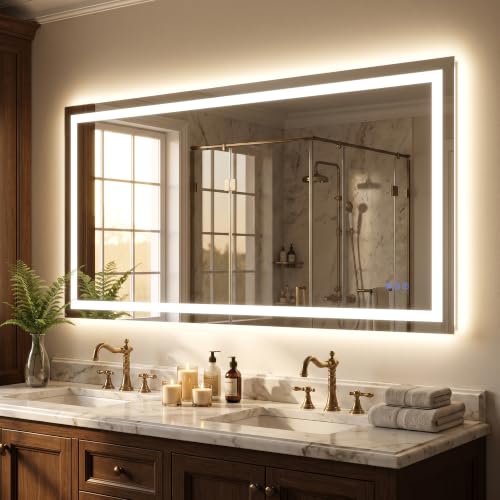 LED Bathroom Mirror 60"x30", Wall-Mounted Vanity Mirrors Front & Backlit Separate Light Control Stepless Dimmable Anti-Fog Memory 3 Color Temperatures Shatter-Proof Tempered Glass - size: 30"L x 60"W