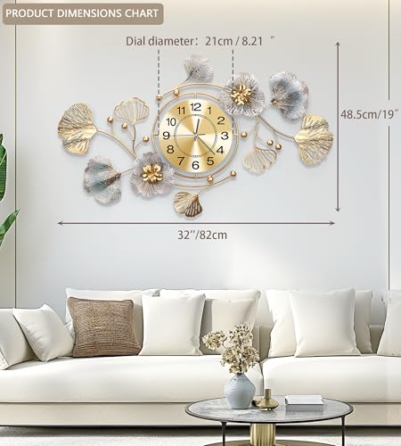 33" Modern Farmhouse Large Decorative Wall Clock, Ginkgo Metal Art - color: Retro Blue Color, size: 32 x 18 inches