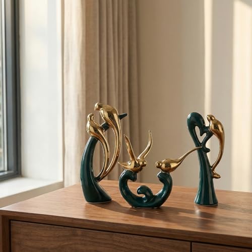Ceramic Statues Set of 3, Birds and Base Sculpture Modern Home Decor - color: Green and Gold