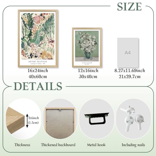 LLEEMPI Van Gogh Canvas Wall Art Set of 3, Sage Green 12x16 Framed Prints - color: VanGoghMatisse(Wood), size: 16"L x 12"W