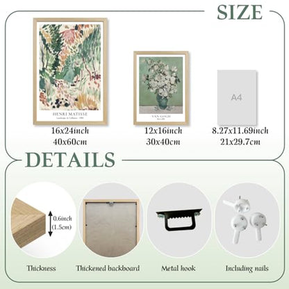 LLEEMPI Van Gogh Canvas Wall Art Set of 3, Sage Green 16x24 Framed Prints - color: VanGoghMatisse(Wood), size: 24"L x 16"W