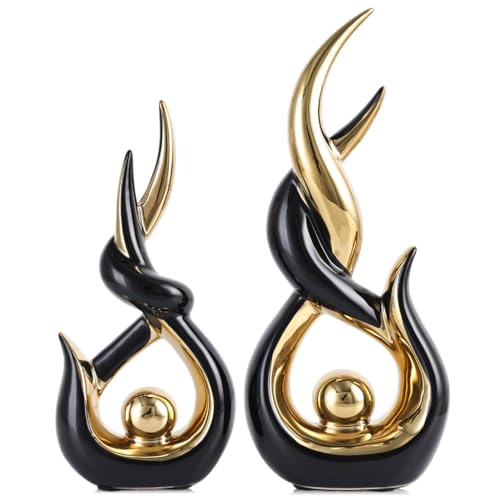Black Gold Ceramic Abstract 2 Piece Statue Set,Mid Century Modern Abstract Art Home Decor Statue Mantelpiece on Unique Shelf Decor, TV Cabinet Divider Table top and Dining Table Centerpiece (Black) - color: Black