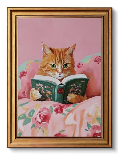 Cat Wall Art Vintage Gold Framed Wall Art Cat Pictures Wall Decor,12x16in - color: Reading cat, size: 12"x16"