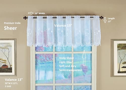 Today's Curtain, Sorento Embroidered Sheer Valance 13", White, 59"W x 13"L - color: White / White, size: 59"W x 13"L (Pack of 1)