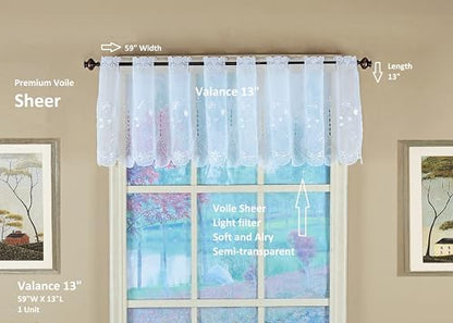 Today's Curtain, Sorento Embroidered Sheer Valance 13", White, 59"W x 13"L - color: White / White, size: 59"W x 13"L (Pack of 1)