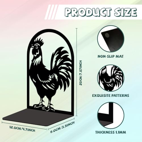 Peacoblue 5.3"x4.3"x7.9" Metal Bookends, Heavy Duty Book Ends for Shelves - style: Rooster