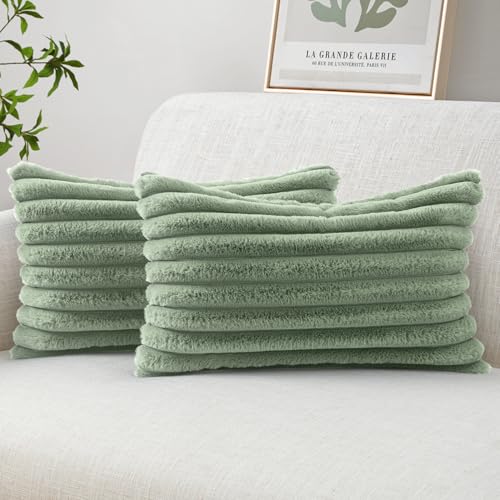 MIULEE Faux Fur Lumbar Throw Pillow Covers 12x20 Set of 2 Sage Green - color: Sage Green, size: 20" x 12" (Pack of 2)