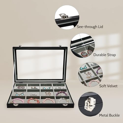 Stratalife 12 Grid Bracelet Jewelry Box, Bangle Holder Organizer with Lid - color: Gray-Black, size: 12 Grid